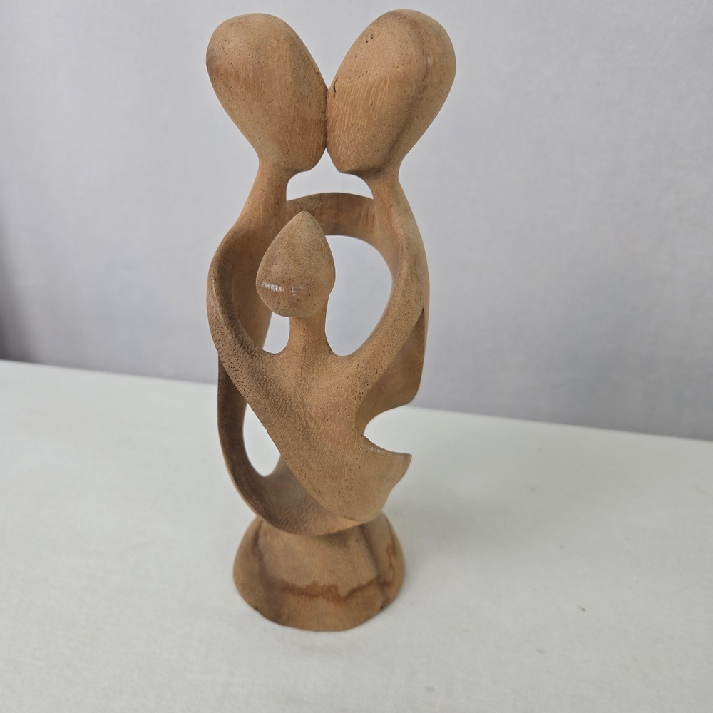 Hand Carved Wooden Family Sculpture Abstract Parents and Child Statue 8 Inch